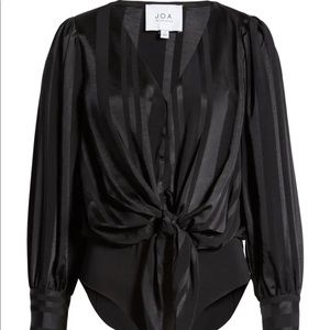 J.O.A Tonal Stripe Tie Front Body Suit